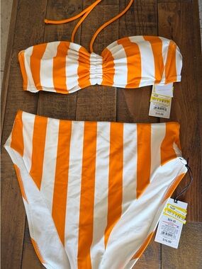 Orange and White Stripe Bandeau Bikini Set size small